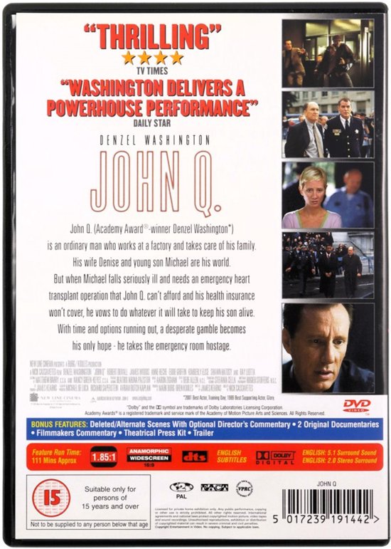 Achterkant van de John Q DVD-hoes met filmrecensies, castinformatie en kleine foto's van acteurs.