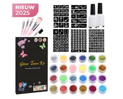 foto van XXL Glitter Tattoo Set – 120 Sjablonen & 24 Kleuren – Inclusief Lijm en Penselen – DIY Temporary Tattoos voor Kinderen en Volwassenen