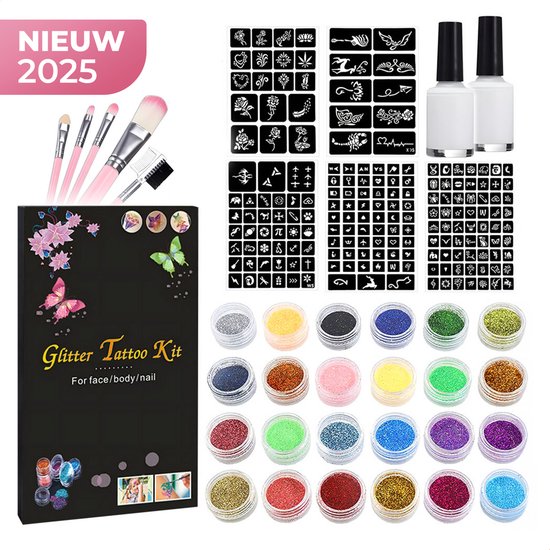 Set de tatouages ​​Glitter XXL – 120 Modèles et 24 couleurs – Colle et Pinceaux inclus – Tatouages ​​temporaires DIY pour Enfants et Adultes
