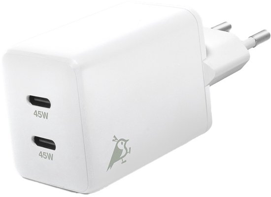 Chargeur USB Aqiila, 45 W, adaptateur USB-C, chargeur rapide GaN, Power PD , 2x USB-C, 100-240 V, Chargebird W2 Wit