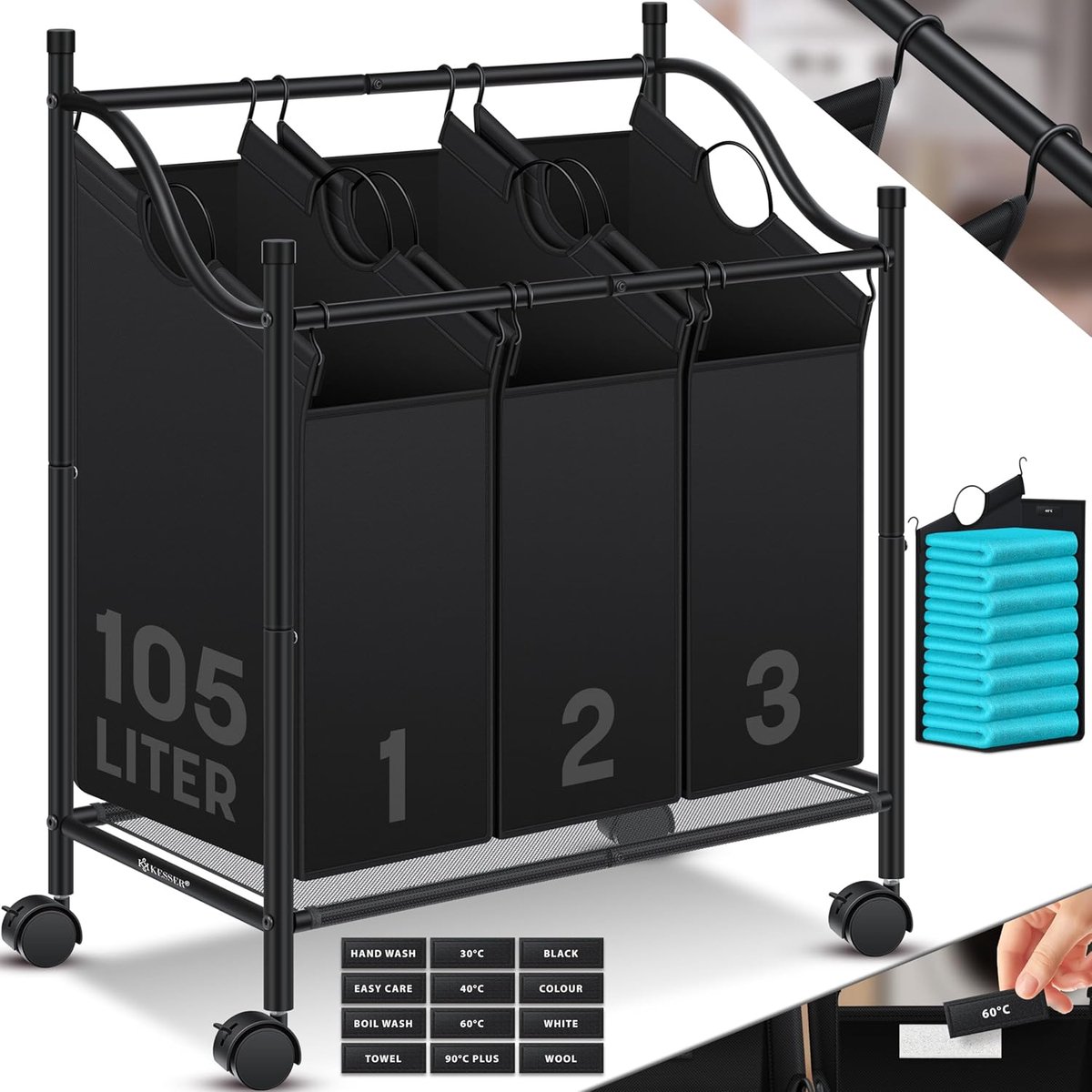 Wassorteerder 3 Vakken - Wasmand - 105 L - Zwart