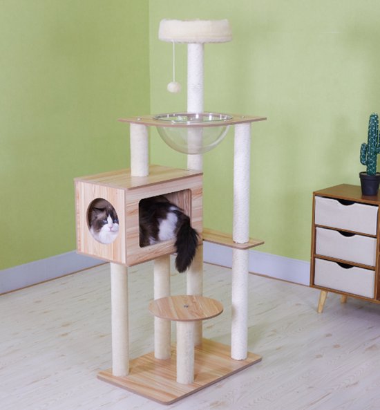 Foto: Mira home krabpaal en kattenbak in n kattenpaal kattenmeubel vintage wit hout 57 5x50x140