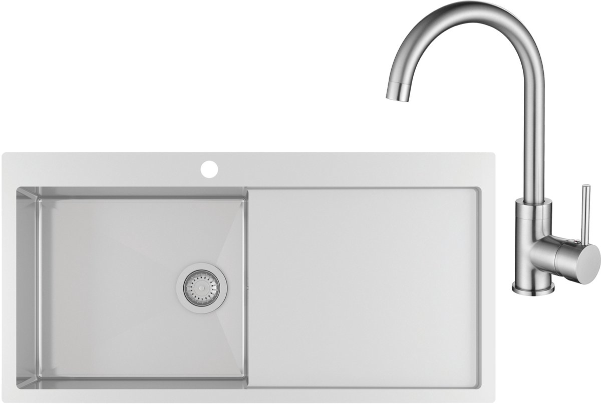 GURARI Roestvrijstalen spoelbak LUN101M-L + Keukenkraan 5523-002, Inbouwspoelbak 1000x510 mm, Roestvrij staal, Rechthoekig