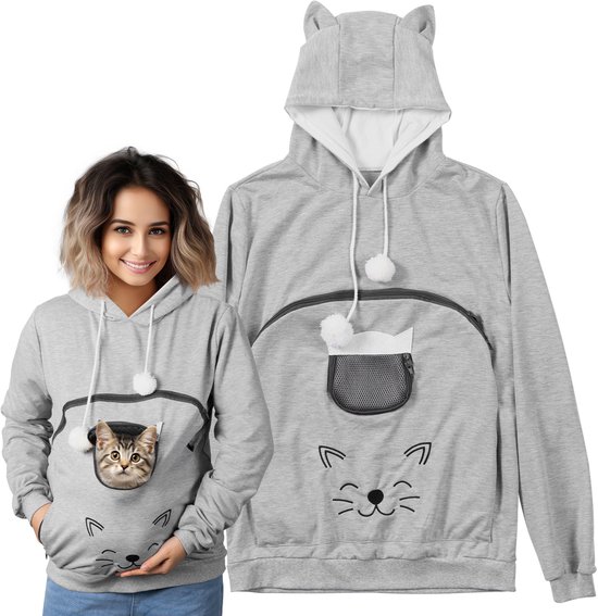HOMELEVEL hoodie met buidel voor huisdier - Warme sweater dames - Trui met buidel voor kat of kleine hond - Hoodie dames met kattenoren