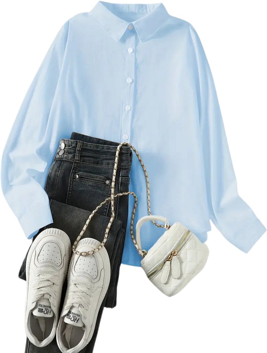 Nivard Linnen Blouse Dames T-Shirt Polo Overhemd Shirt Zomer Ibiza Stijl Hemelsblauw
