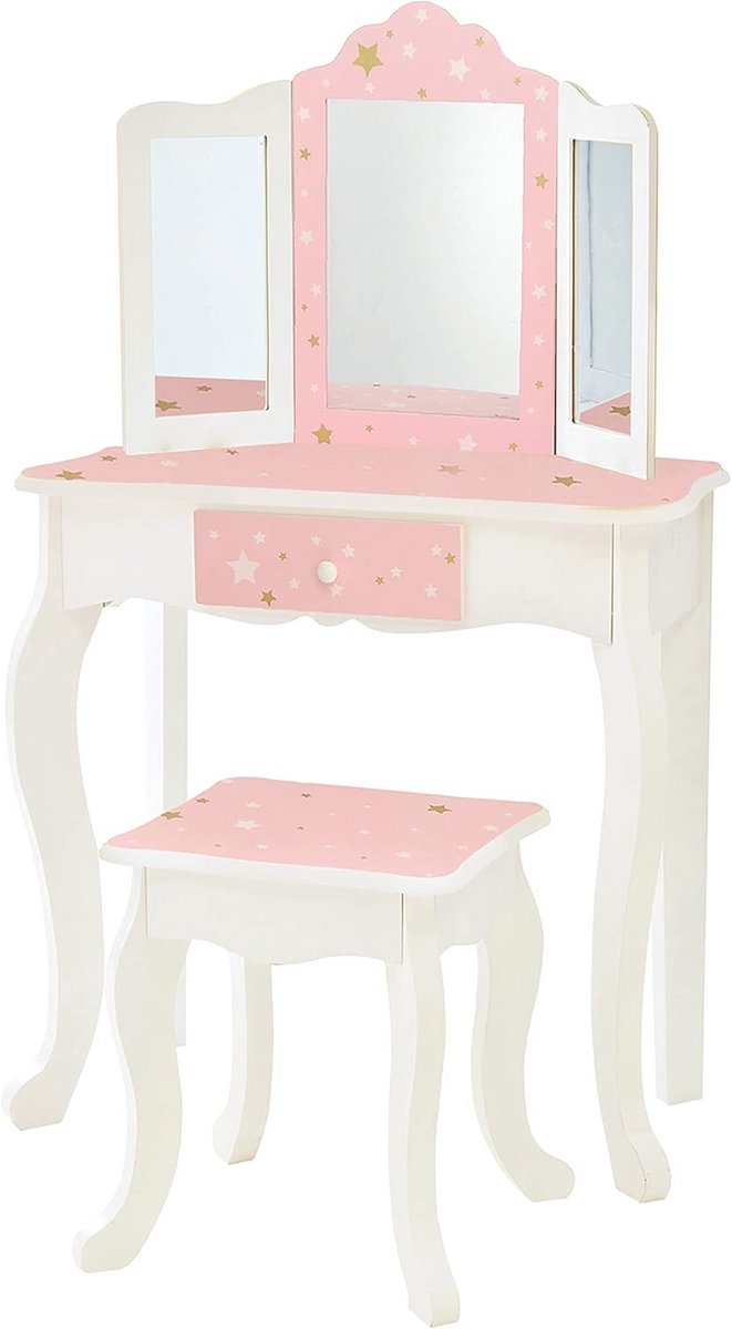 Houten Kaptafel Kinderen met Stoel - Wit en Goud