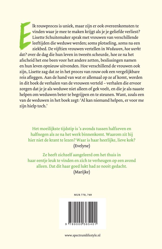 Achterkant van het boek "Weduwen, hoe werkt dat?" met tekst en een streepjescode.