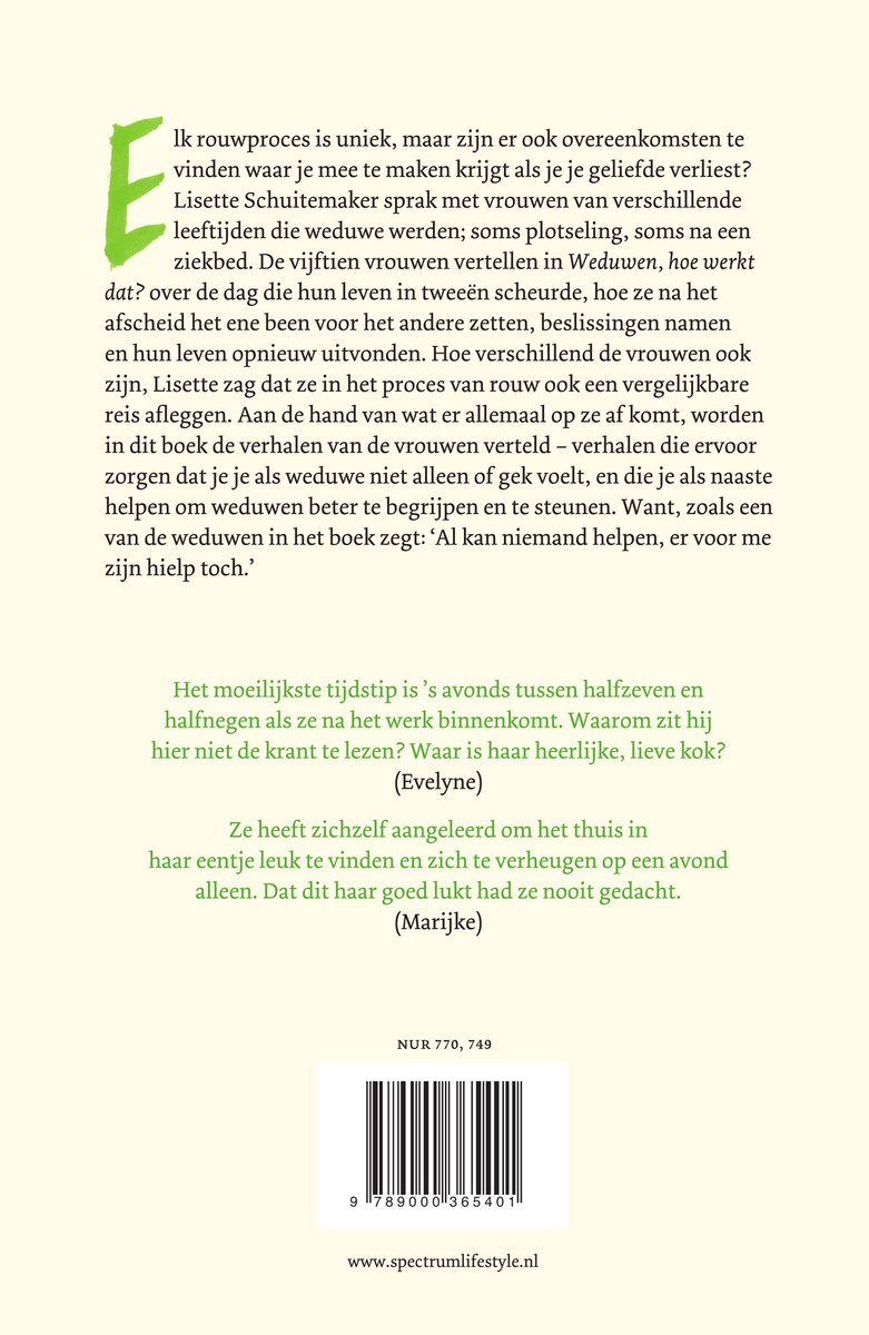 Achterkant van het boek "Weduwen, hoe werkt dat?" met tekst en een streepjescode.