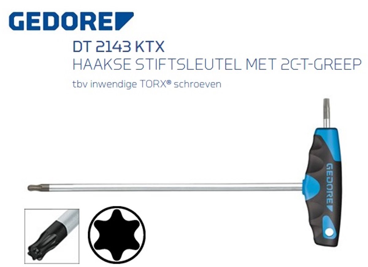 Gedore haakse stiftsleutel met 2c-t-greep voor inwendige torx schroeven - t25 - M4,5-M5