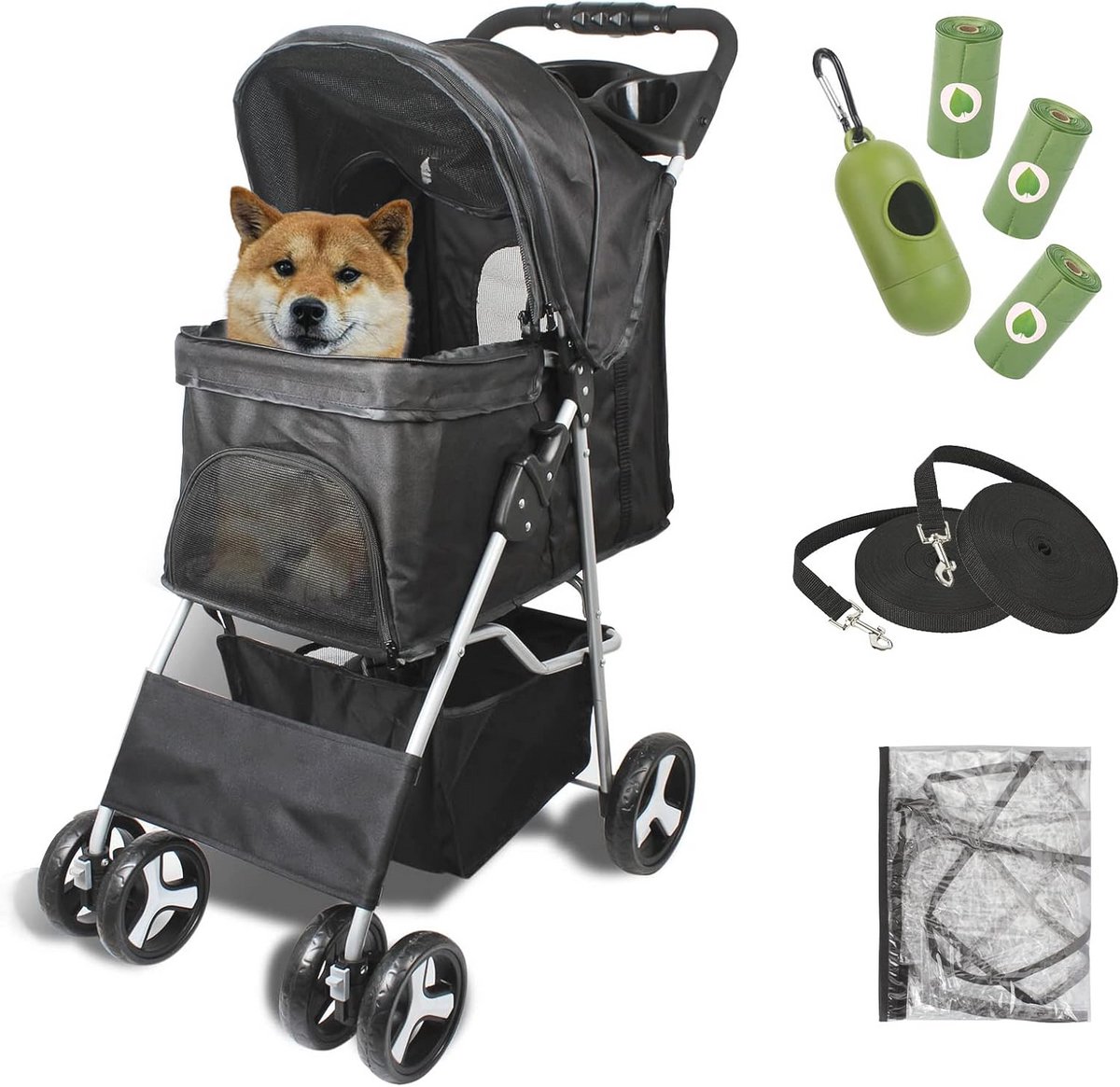 Opvouwbare kinderwagen voor huisdieren met opbergmand, regenhoes en bekerhouder - Ideaal voor kleine en middelgrote honden en katten
