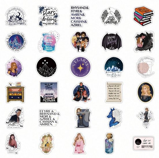 Verschillende cartoonstickers met fantasiepersonages, boeken en landschappen.