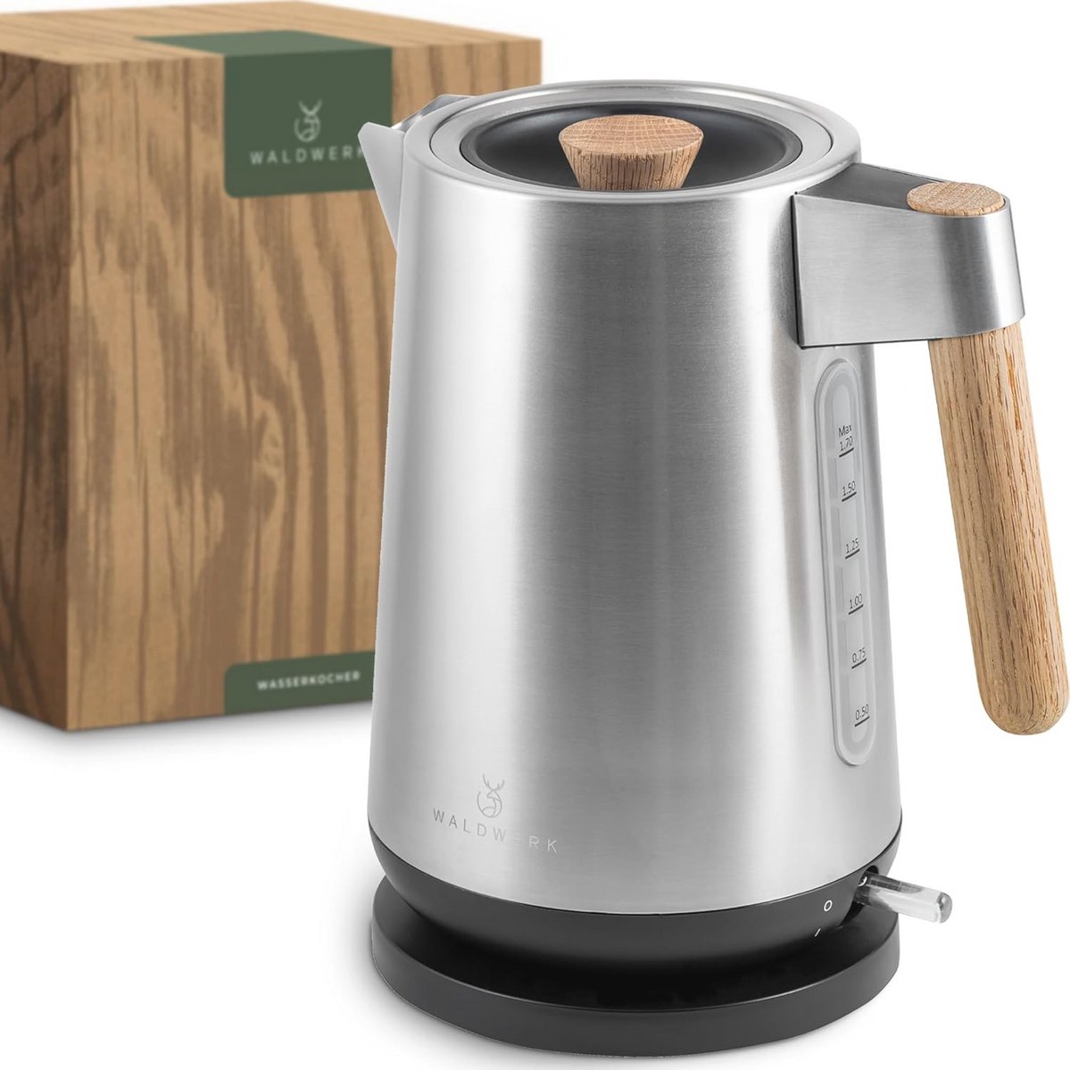 Design Waterkoker 3000 Watt - 1,7L - Roestvrij Staal met Eiken Houten Handgrepen