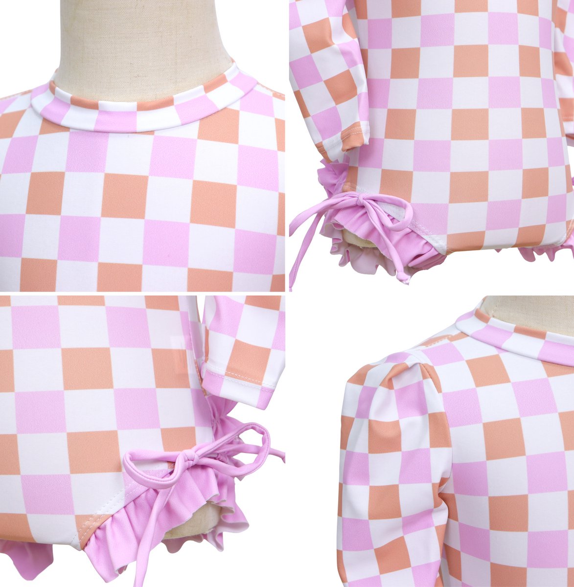 Joya Kids® Badpak Lange Mouw Lila, Roze en Wit Geblokt met Ruches en Strikjes Meisjes | Zwempak met ruches UV Badpak Lila en Roze | Zwempak Lange Mouw UV Bescherming Blokjes | Meisje Bikini Zomer | Kinderbadpak Peuter | — afbeelding 8