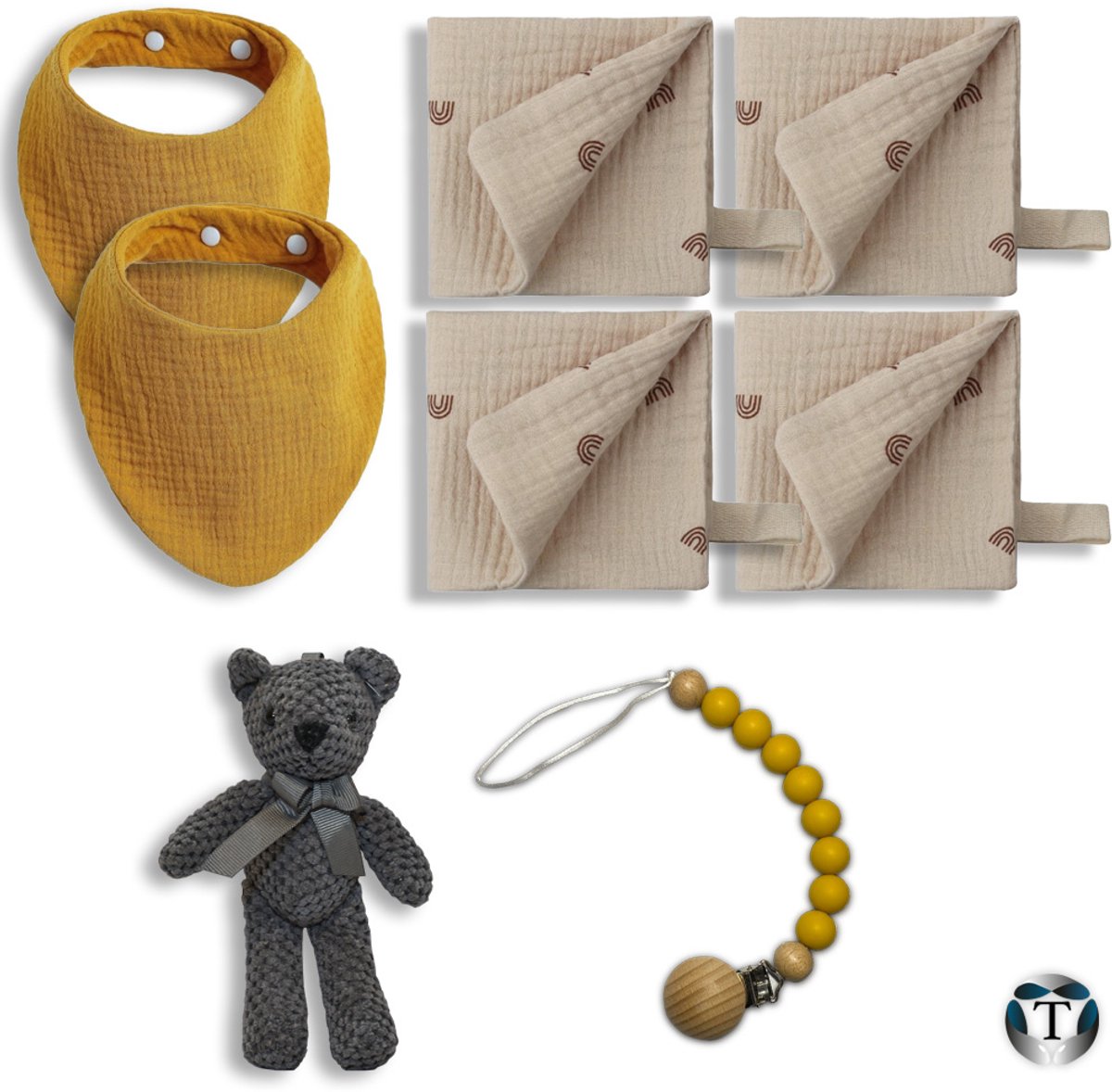 Goedkoopste Kraamcadeau | Babyshower | Cadeau Idee | Pakket | Giftbox | Babyshower Cadeau | Baby | Geboorte | Fopspeenkoord | Spuugdoekjes | Slabbetjes | Beertje | TheOldOmen |