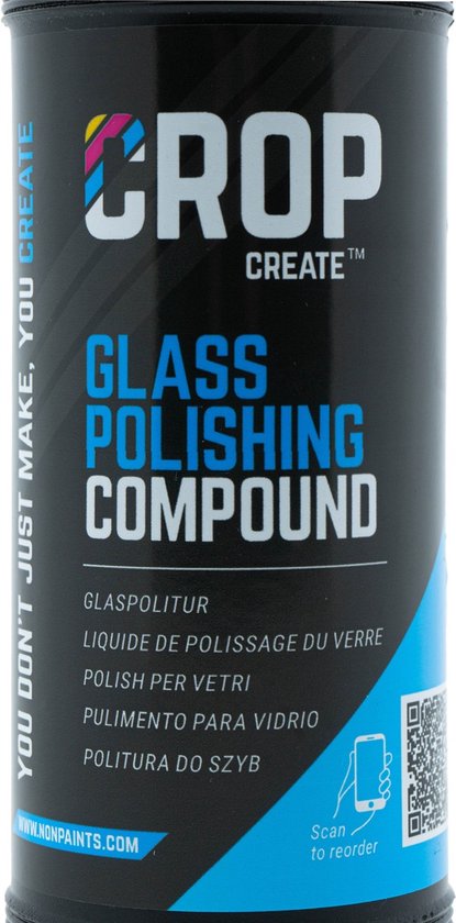 Zwarte fles met CROP logo en de tekst "GLASS POLISHING COMPOUND" in blauwe letters.