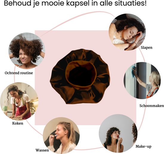 Satijnen slaapmuts in bruine tinten, omringd door cirkels met vrouwen in verschillende situaties: ochtend routine, koken, slapen, schoonmaken, make-up en wassen.