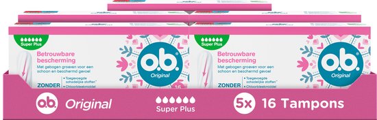 o.b. Original Super Plus tampons voor zeer zware menstruatiedagen, met StayDry- technologie en gebogen groeven, voor betrouwbare bescherming en een schoon gevoel, 5x16 stuks