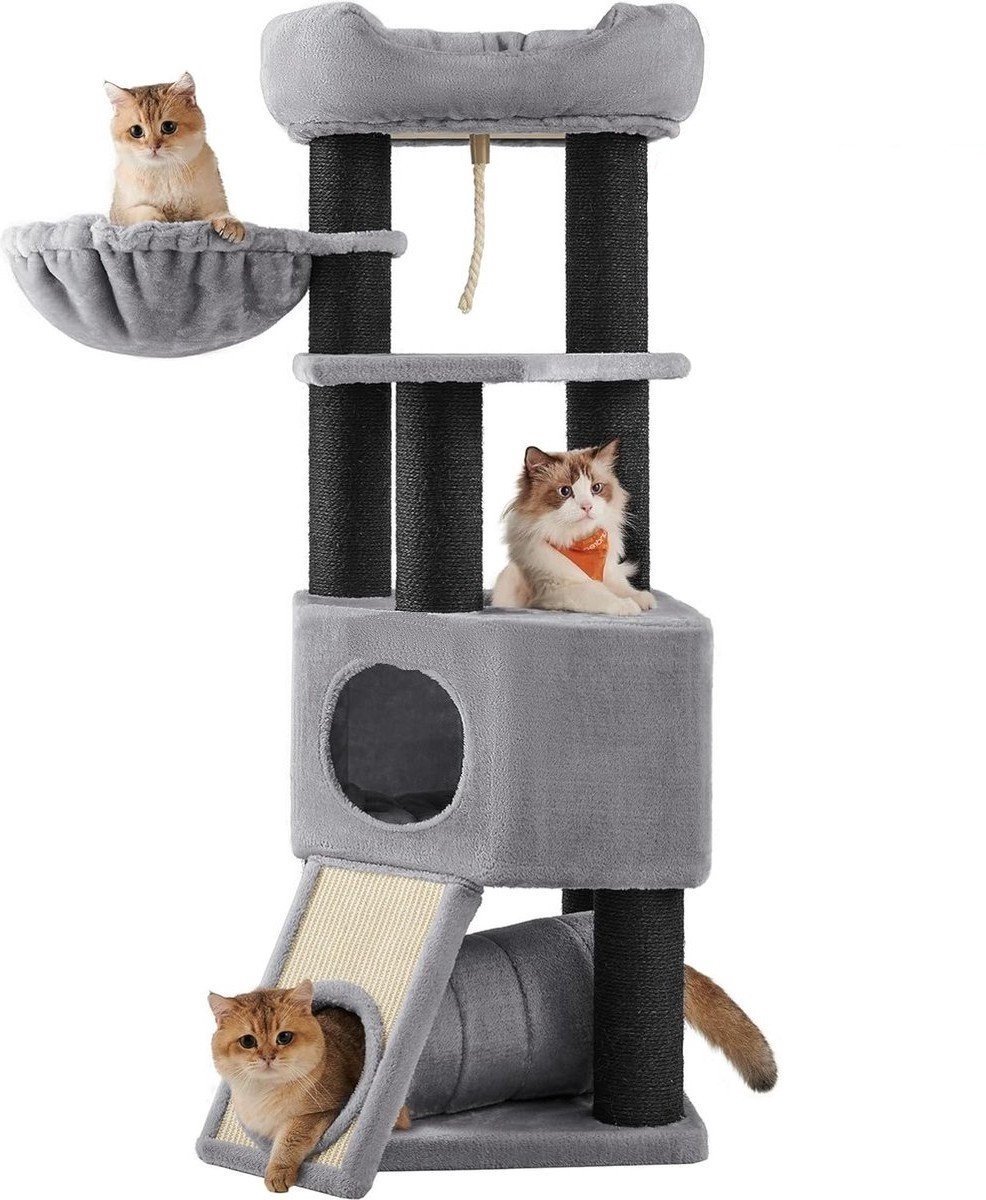 Bol.com Hoppa! Kattenboom Krabpaal – lichtgrijs/zwart, spaanplaat, kartonnen rollen, pluche & sisal – 67 x 76 x 142 cm aanbieding