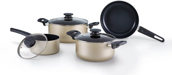 Brabantia START 2 COOK Pannenset - 4 (7)delig - Healthy Cooking - Geschikt voor Inductie - Keramische anti aanbaklaag - 100% PFAS vrij - Complete Set voor de beginner - Beige