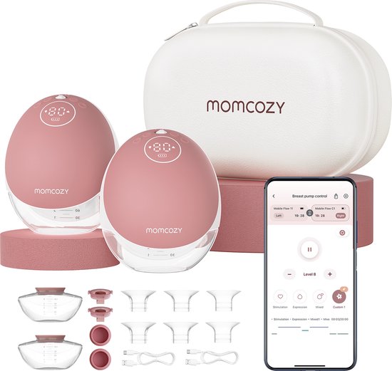 Tire-lait mains libres Momcozy M9 - 2 pièces - Comprend divers inserts de téterelle - Extra silencieux et compact - Avec contrôle par application - Électrique - Rouge