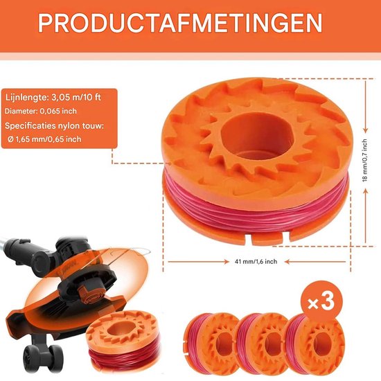 Duurzame vervangende spoelen - Maaidraad - Geschikt voor alle 20V WORX-maaiers - Verhoogt de snijsnelheid - 1,65 mm diameter, 3 m lengte - Set van 3 van Merkloos	 — afbeelding 4