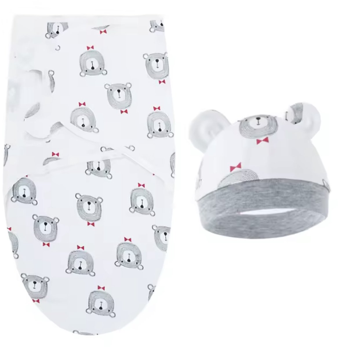 Babydeken met Hoed – Wit Katoen – Beertjesprint – Voor Pasgeboren Baby