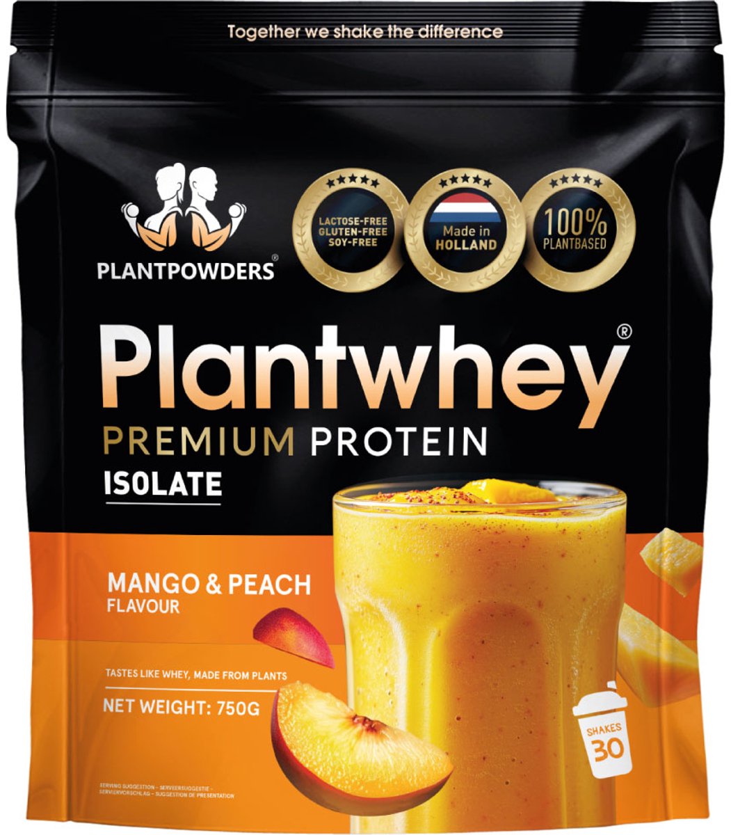 Plantpowders - Plantwhey® - S'Werelds Eerste Plantaardige Eiwitshake Zonder Zandsmaak! - Lactosevrij - Proteïne Poeder - Eiwitpoeder - Vegan Proteïne Shake - Mango/Perzik - 750 gram (30 shakes)