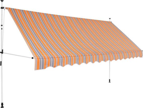 Auvent à rayures orange, bleues et blanches, entièrement déployé.