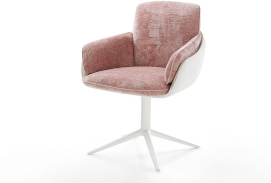 Chaise de salle à manger Luan- Flex avec accoudoirs, pieds croisés, mélange de matériaux blancs, cuir véritable, blanc-rose, pivotante à 360°, fonction bascule