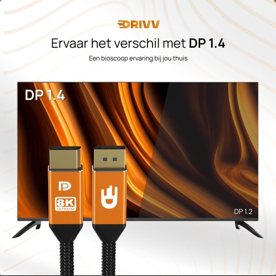 Drivv. Câble Displayport - 8K 60Hz – 4K 144 Hz - 32,4 Go/s - Displayport 1.4 - Câble DP - 2 mètres