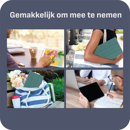Vier afbeeldingen van een groene iPad-hoes in gebruik, inclusief met een tablet, op een bureau, en in een tas met bloemen.