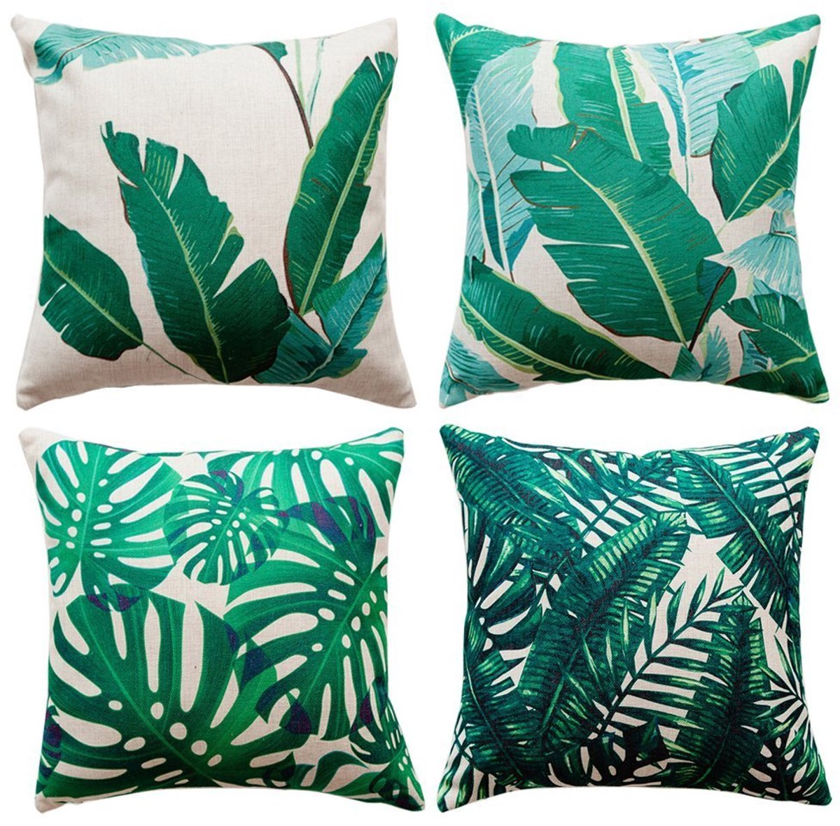 Ibenzoa Decoratieve Kussenovertrekken, 4 Stuks Tropische Planten Bladeren, Katoen en Linnen, 45x45cm Tropische bladeren