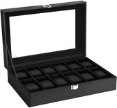 Open zwarte horlogebox met glazen deksel en 12 vakken voor horloges.