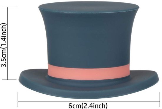 Afmetingen van een donkerblauwe wijndop in de vorm van een hoge hoed: 3,5cm hoog en 6cm breed. De dop heeft een roze band.