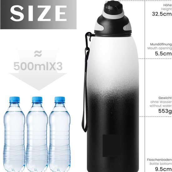FJbottle Roestvrijstalen drinkfles, 1 liter, BPA-vrij, lekvrije waterfles, sport, geschikt voor koolzuurhoudende dranken, thermosfles voor bubbels, universiteit, fitness, outdoor, camping