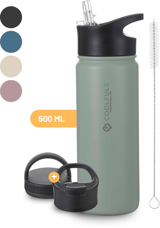 Gourde CoolFule - Vert menthe - Gourde avec paille - Gourde en acier inoxydable - 500 ml - Sans BPA - Double paroi