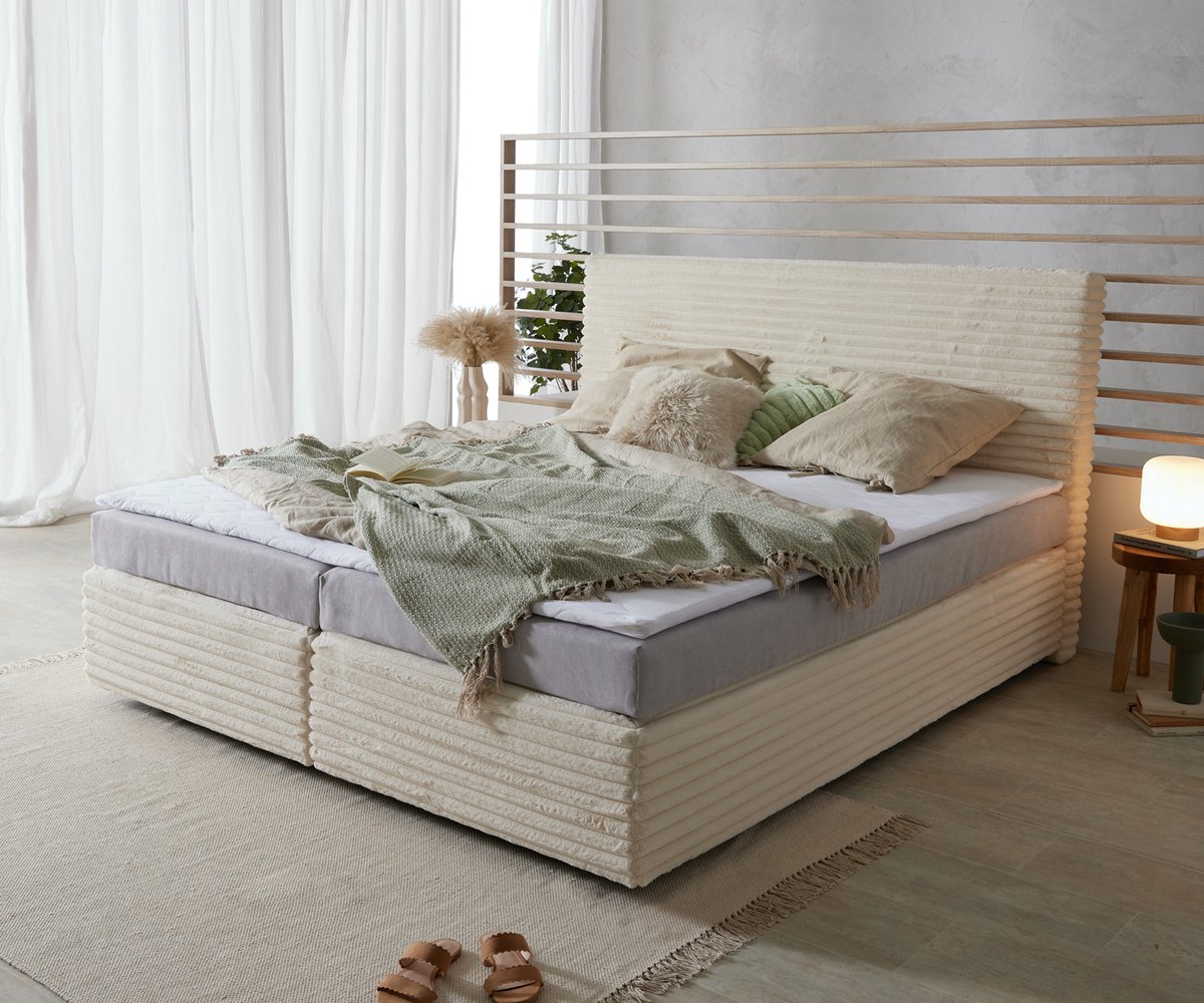 Boxspringbed Dream-Well Pluche-Koord Beige 180x200 cm met Bonell-matras en PU-topper