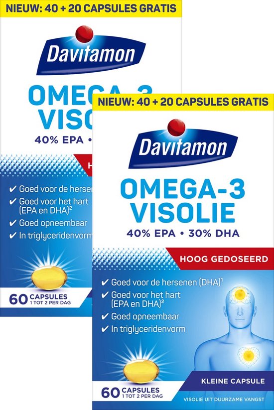 Davitamon Omega 3 Visolie - Hooggedoseerde omega 3 visolie - Voedingssupplement - 60 x 2 visolie capsules BUNDEL 2 STUKS