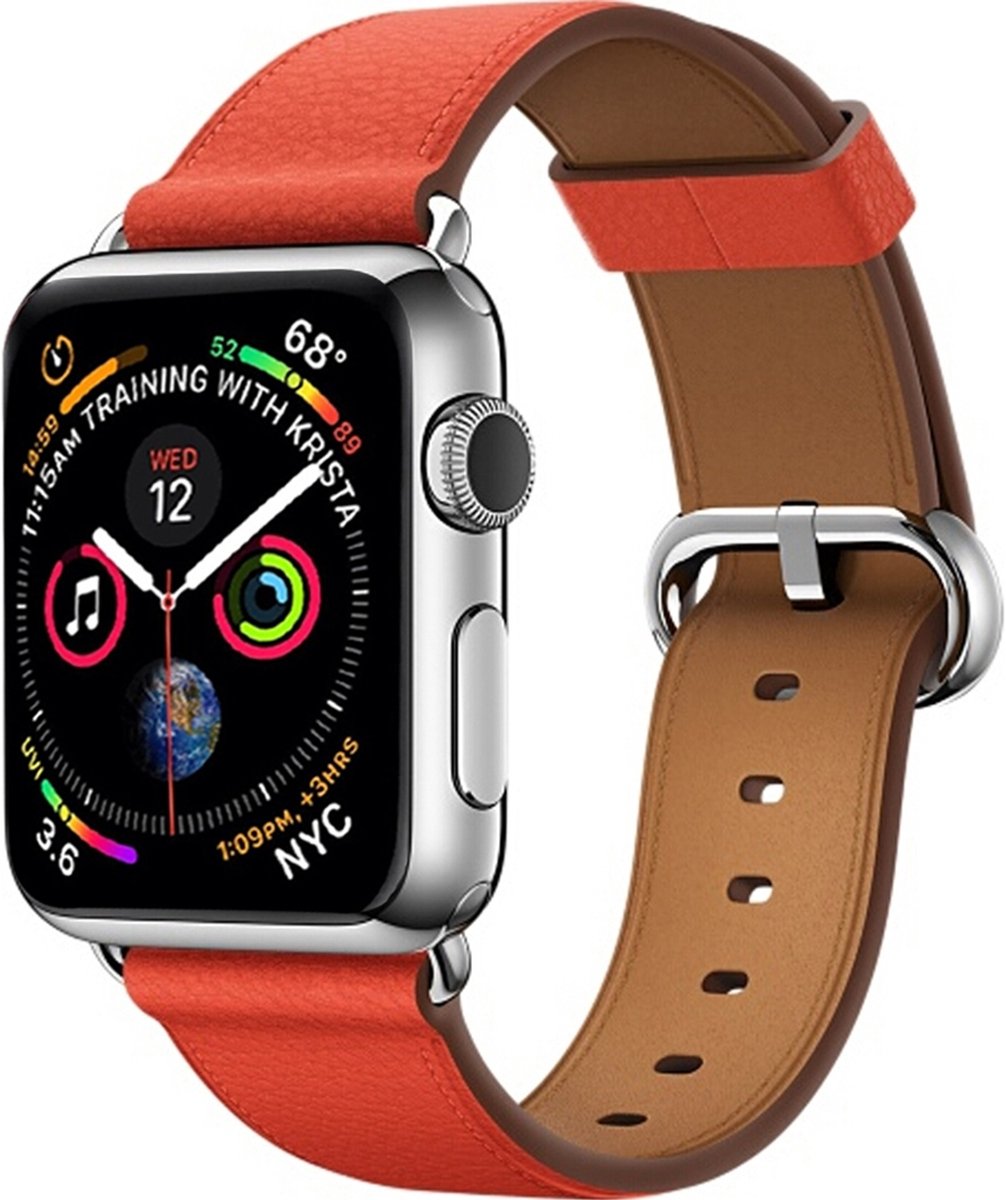 Mobigear Leren Watch bandje geschikt voor Apple Watch Bandje Gespsluiting | Mobigear Roma - 42/41/40/38 mm - Oranje