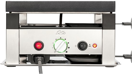 Raclette grill met zilverkleurige behuizing, zwarte bovenkant, rode en groene aan/uit-knoppen en een draaiknop.