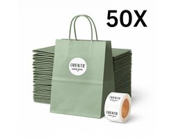 Papieren Draagtas (S) - Olijf Groen - (Inclusief Stickers “Cadeautje voor jou”) - 50 Stuks - 18x8x22 cm - Papieren Tasjes - Kraft Tas - Tassen - Cadeau Tas - Hoogwaardig Natron Kraft Papier - Eco-vriendelijk