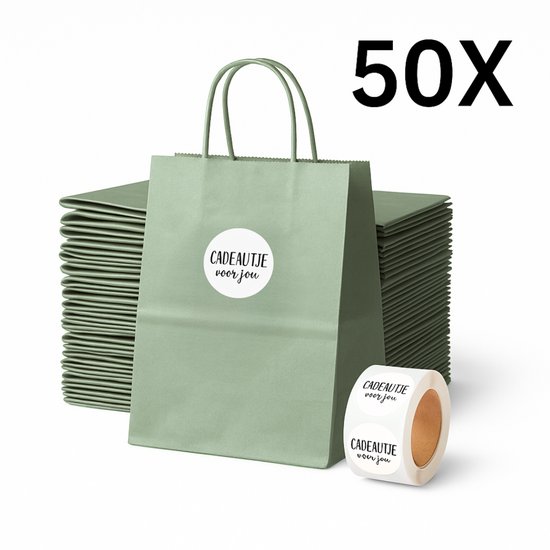 Papieren Draagtas (S) - Olijf Groen - (Inclusief Stickers “Cadeautje voor jou”) - 50 Stuks - 18x8x22 cm - Papieren Tasjes - Kraft Tas - Tassen - Cadeau Tas - Hoogwaardig Natron Kraft Papier - Eco-vriendelijk