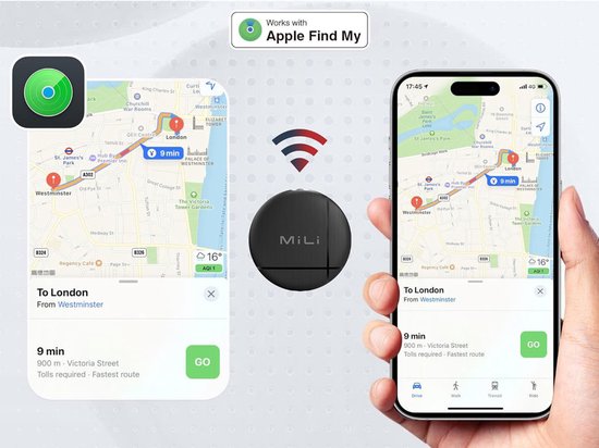 Twee weergaven van de 'MiLi' tracker op een kaart via 'Apple Find My'.