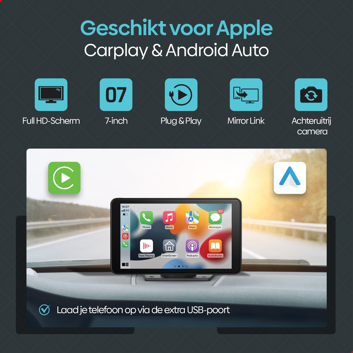 Olvy 7 inch universeel Carplay Android Auto scherm met touchscreen, draadloos, achteruitrijcamera, handsfree bellen - Afbeelding 2