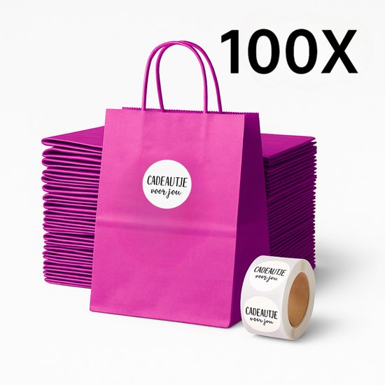 Papieren Draagtas (S) - Pink / Roze - (Inclusief Stickers “Cadeautje voor jou”) - 100 Stuks - 18x8x22 cm - Papieren Tasjes - Kraft Tas - Tassen - Cadeau Tas - Hoogwaardig Natron Kraft Papier - Eco-vriendelijk