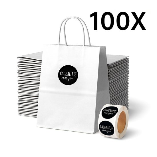 Papieren Draagtas (S) - Wit - (Inclusief Zwarte Stickers “Cadeautje voor jou”) - 100 Stuks - 18x8x22 cm - Papieren Tasjes - Kraft Tas - Tassen - Cadeau Tas - Hoogwaardig Natron Kraft Papier - Eco-vriendelijk