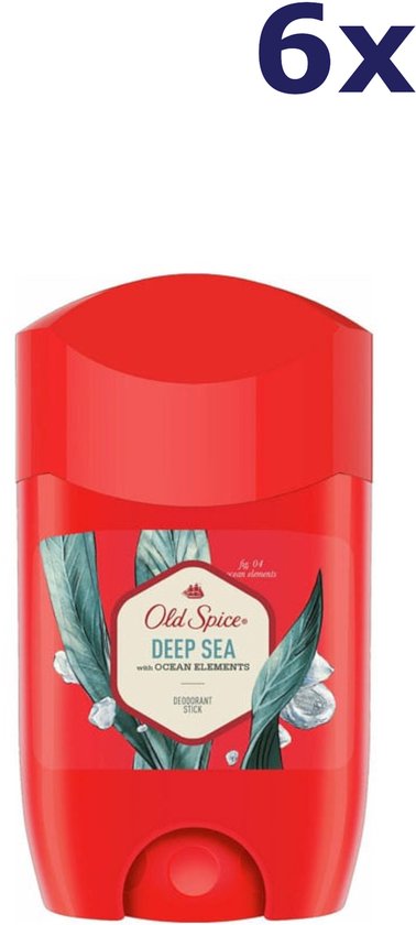 Een rode Old Spice Deep Sea deodorantstick met aquablauwe bladeren en de tekst 'DEODORANT STICK'.