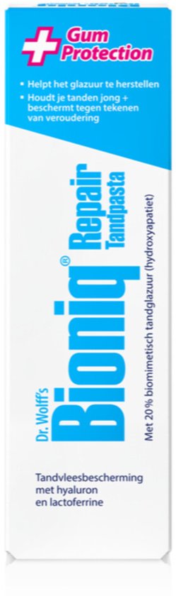 Blauwe kartonnen verpakking met rode plus en witte tekst: 'Gum Protection'.