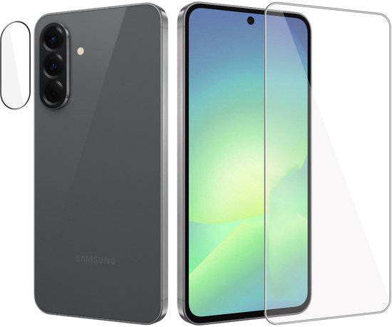 Grijze Samsung telefoon, achterkant en voorkant met schermfolie. Weergave van de telefoon met opzetfolie.