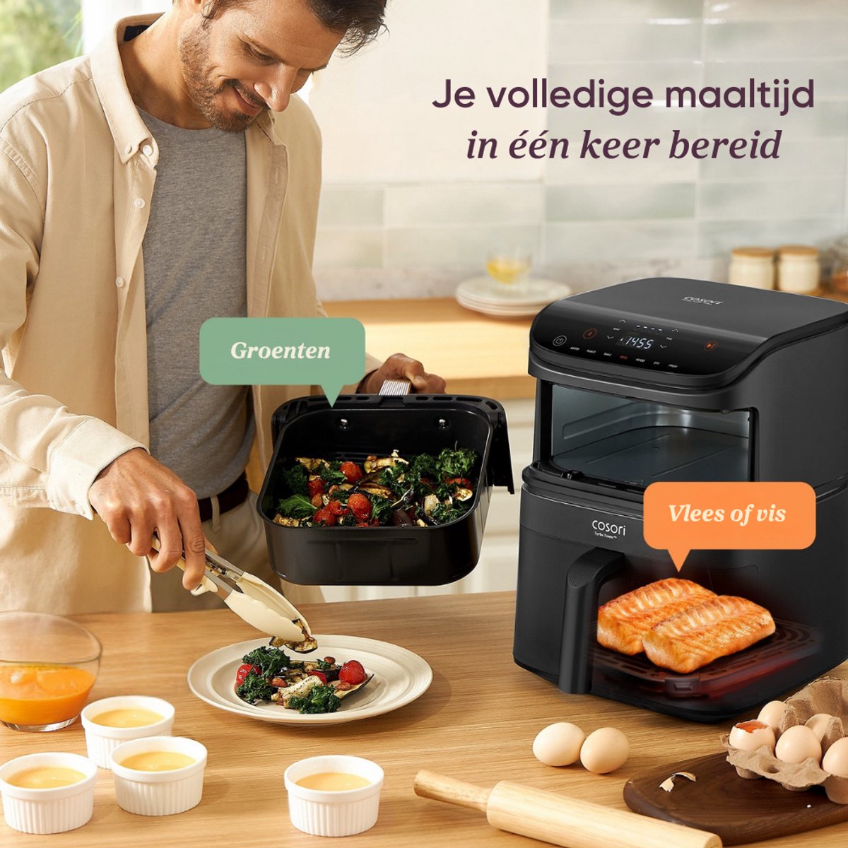 Afbeelding 3 van Cosori XXL Airfryer Turbo Tower - 10.8 liter inhoud - 2 manden apart in te stellen - 7 programma's